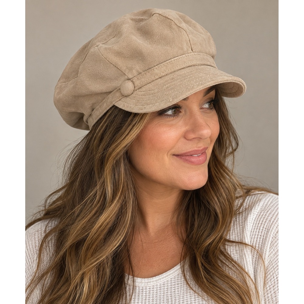 Tan Faux Suede Newsboy Cap Y2K Style Baker Boy Hat Neutral Beige Slouchy Cabbie